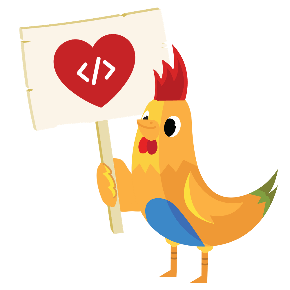 Nugget mascot holding a sign with a heart and a coding icon