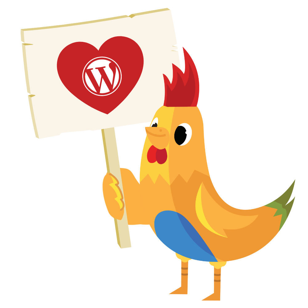 Nugget mascot holding a sign with a heart and the WordPress Logo