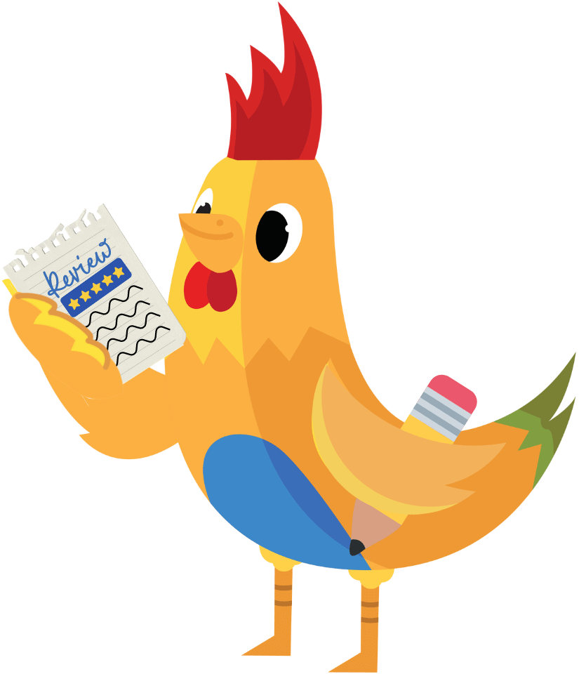Nugget our chicken mascot with a Reviews sign and pencil under wing