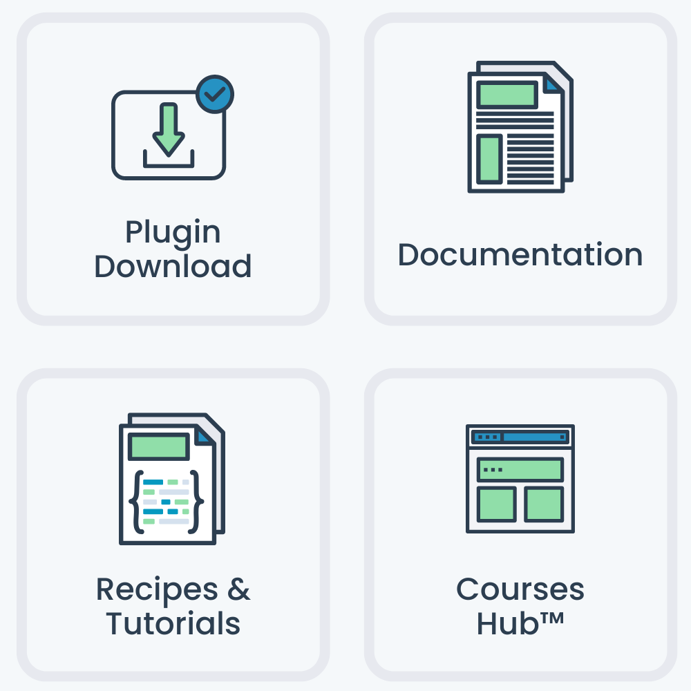 When you sell courses on WordPress with PMPro you get: the Plugin Download, Documentation, Recipes and Tutorials, Courses Hub™ Access