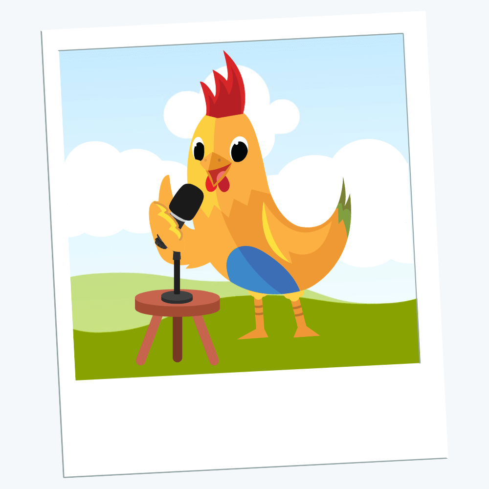 Nugget mascot holding a microphone