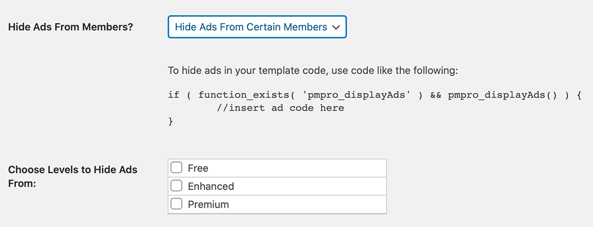 A closer view of the "Hide Ads" section on the Memberships > Settings > Advanced page in the WordPress Admin.