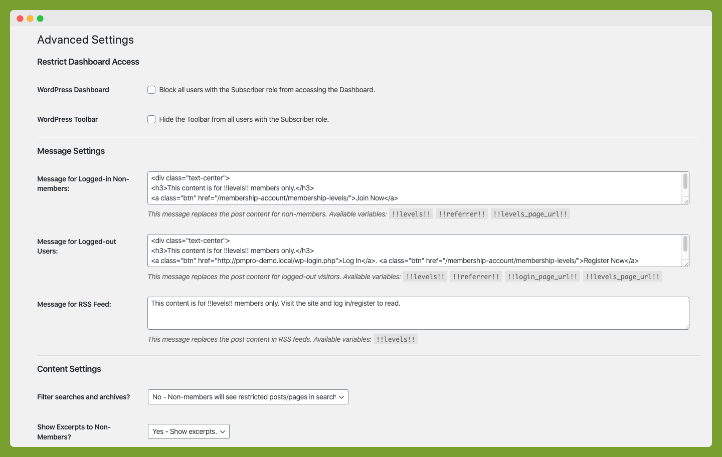 Screenshot of the Advanced settings screen in the WordPress admin