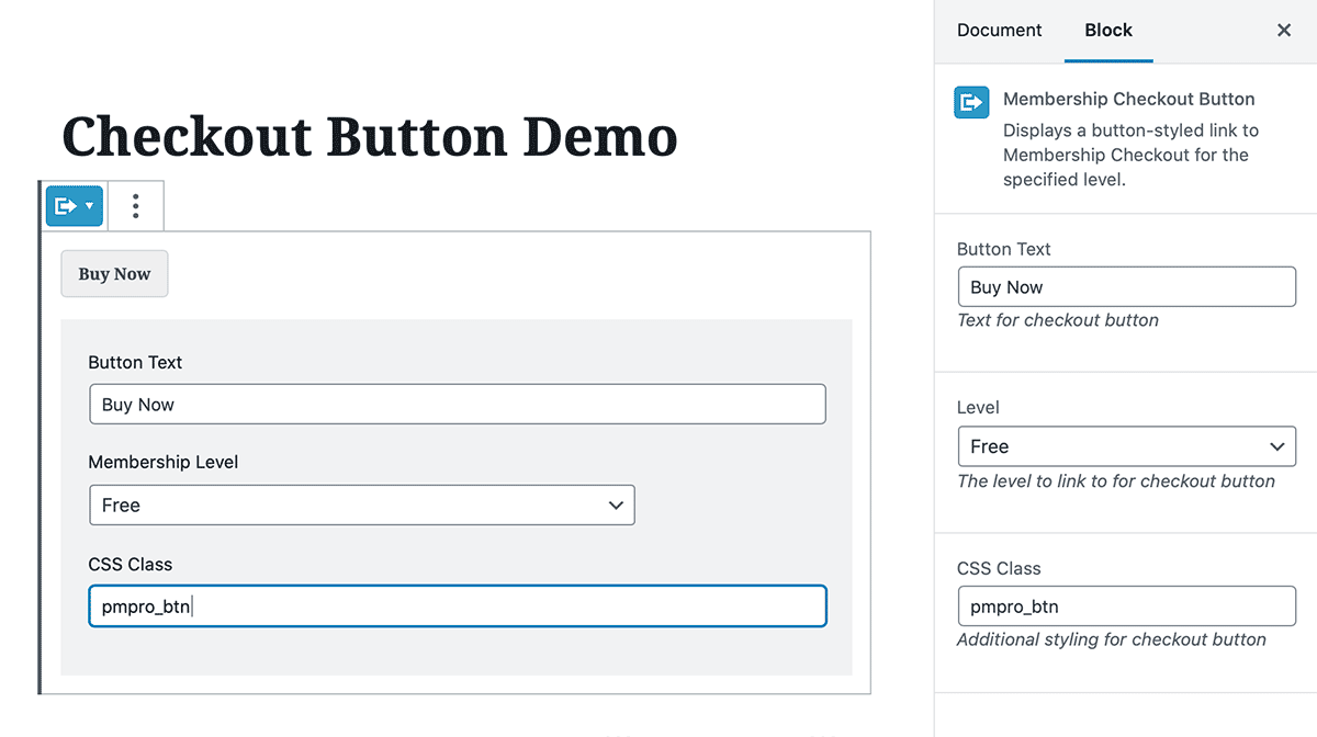 Screenshot of Membership Checkout Button Block in Editor- PMPro Update 2.3