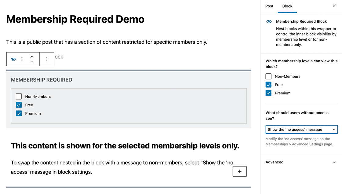 Screenshot of the Membership Required block in the WordPress editor.