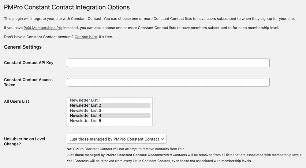 Screenshot of General Settings for the Constant Contact Add On for Paid Memberships Pro