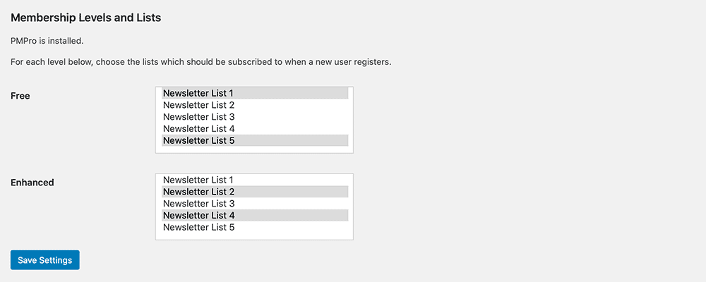 Screenshot of Membership Levels and Lists Settings for the Constant Contact Add On for Paid Memberships Pro