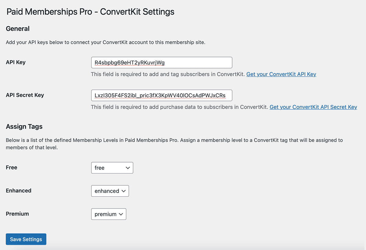 Screenshot of the PMPro ConvertKit Settings page in the WordPress admin.