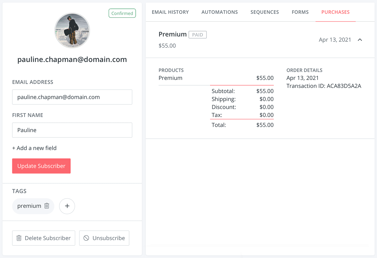 Screenshot of an example ConvertKit subscriber with purchase data for their initial membership checkout order.