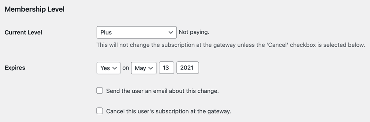 Edit Membership Level section of the Edit Profile screen in the WordPress admin