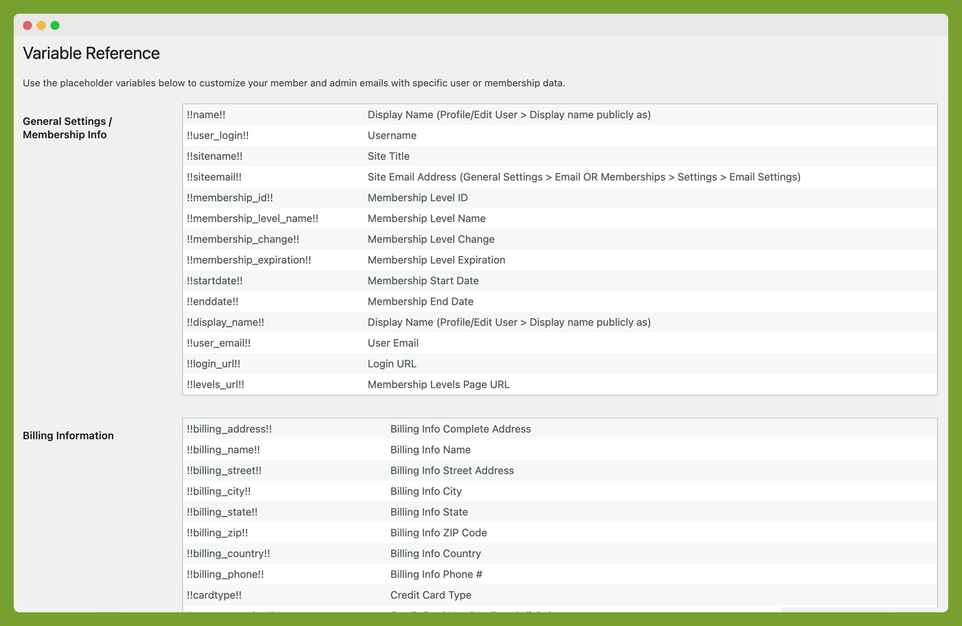 Available replacement variables for the emails you can edit in the admin.