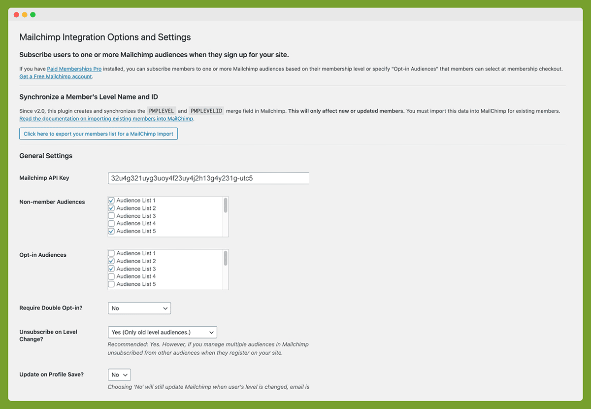 Screenshot of General Settings for the Mailchimp Add On for Paid Memberships Pro