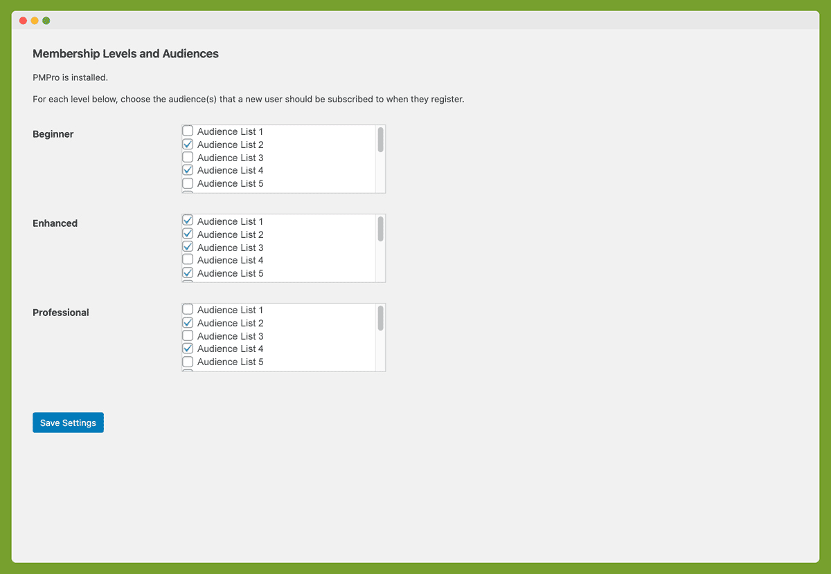 Screenshot of Membership Levels and Audience Settings for the Mailchimp Add On for Paid Memberships Pro