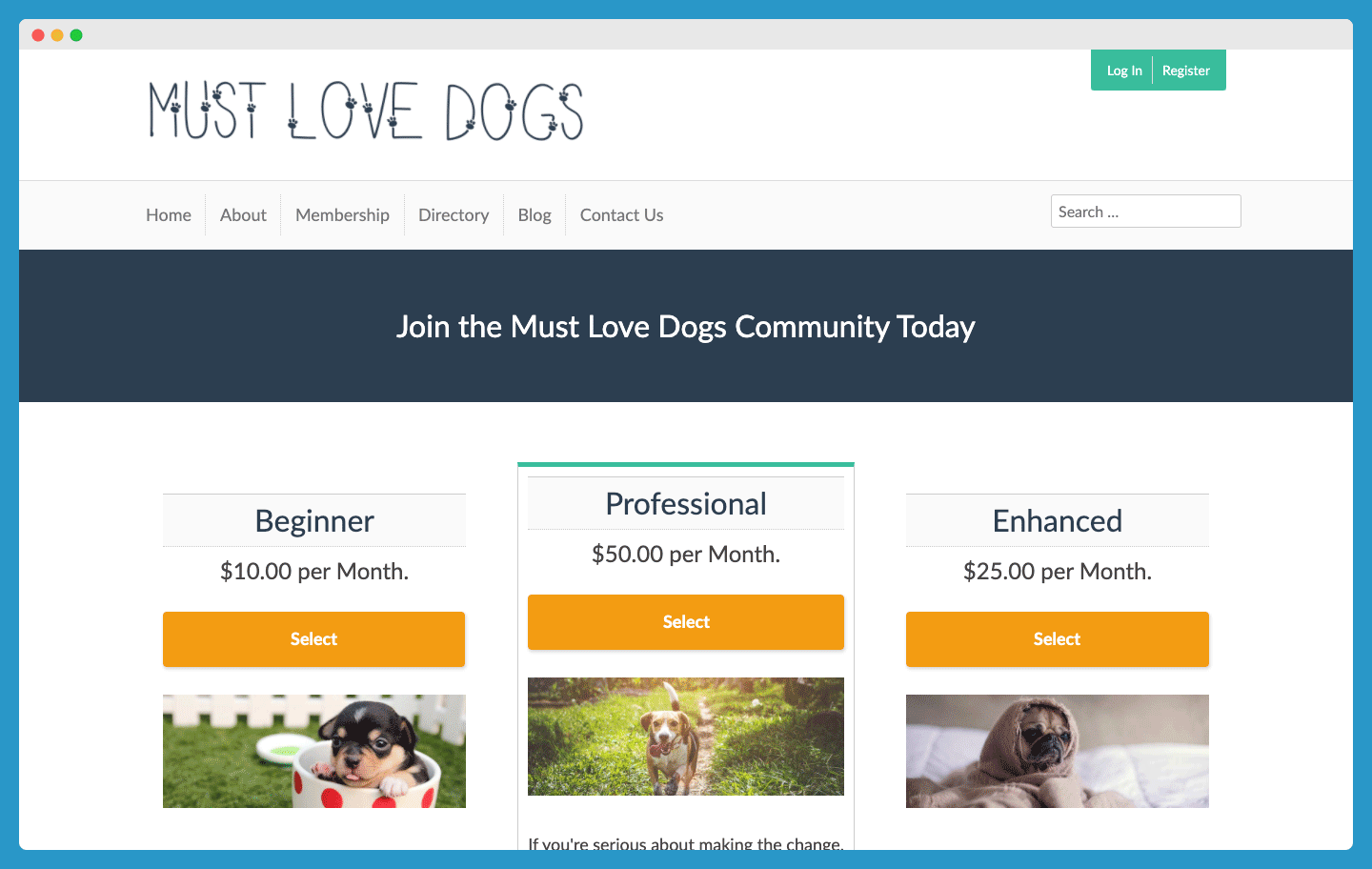 Paid Memberships Pro example community page: Must Love Dogs