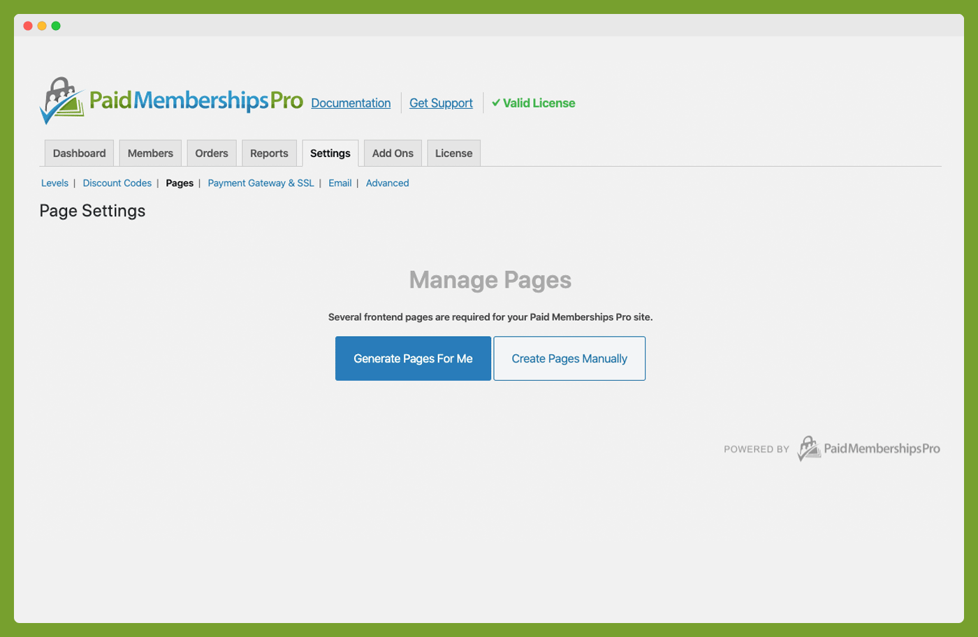 Pages not yet generated or assigned in Paid Memberships Pro admin settings.