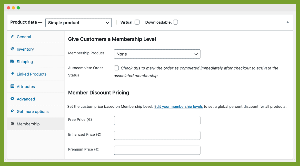 Membership tab on the single product edit page.