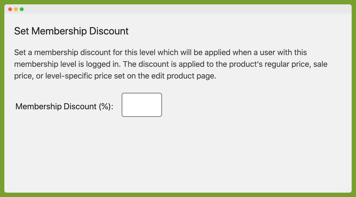 Set Membership Discount section on the membership level edit page.