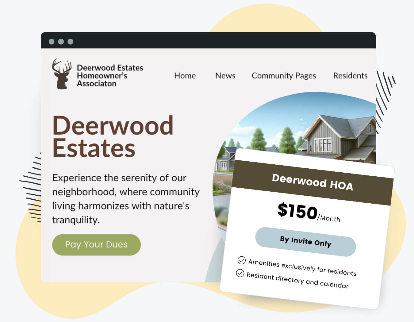 Screenshot of a homeowner association website dashboard with a sign up by invite only to pay HOA dues and access community features.