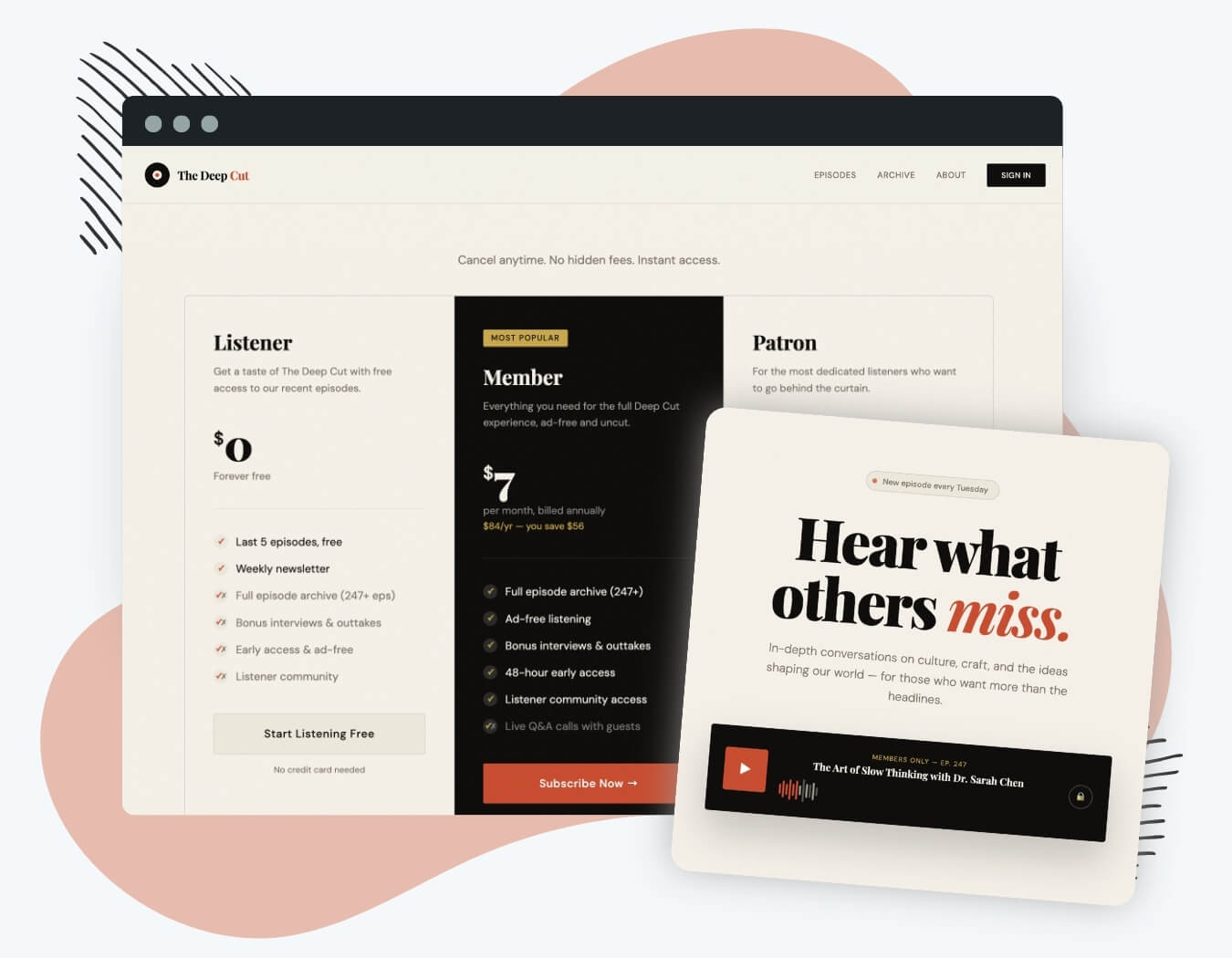 Screenshot of a podcast membership site with a sign up pricing table and subscribe button.