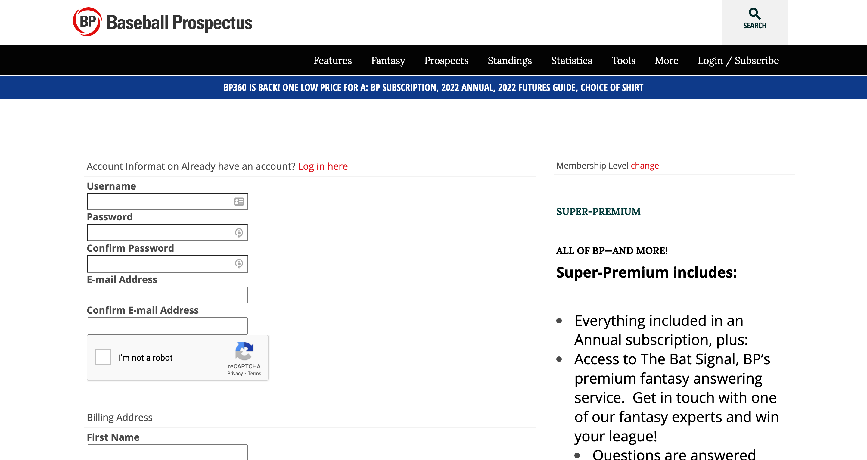 Baseball Prospectus Membership Checkout Page