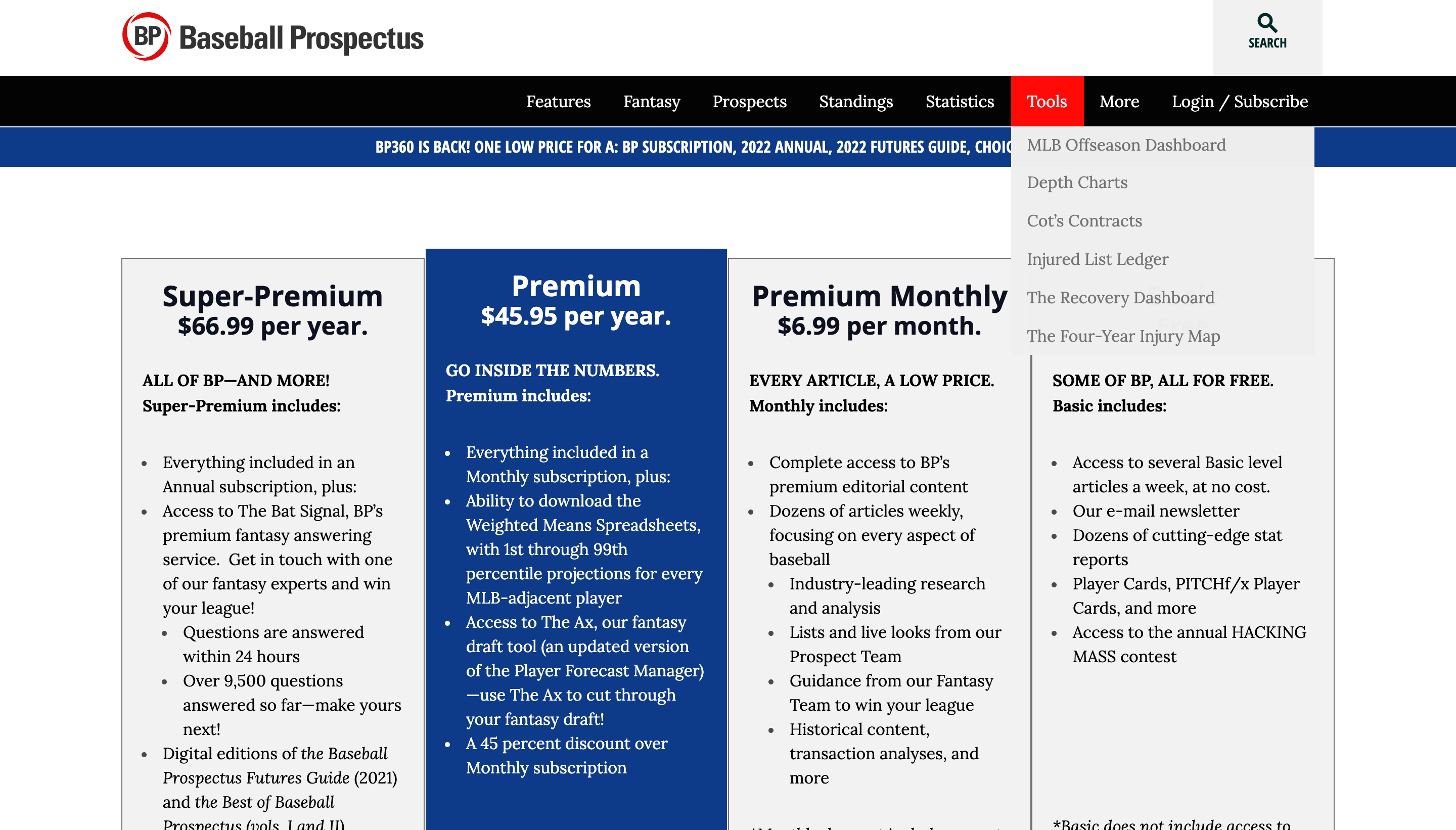 Baseball Prospectus Membership Pricing Information Page