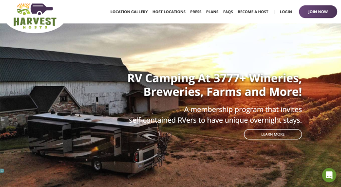 Harvest Hosts Website Homepage