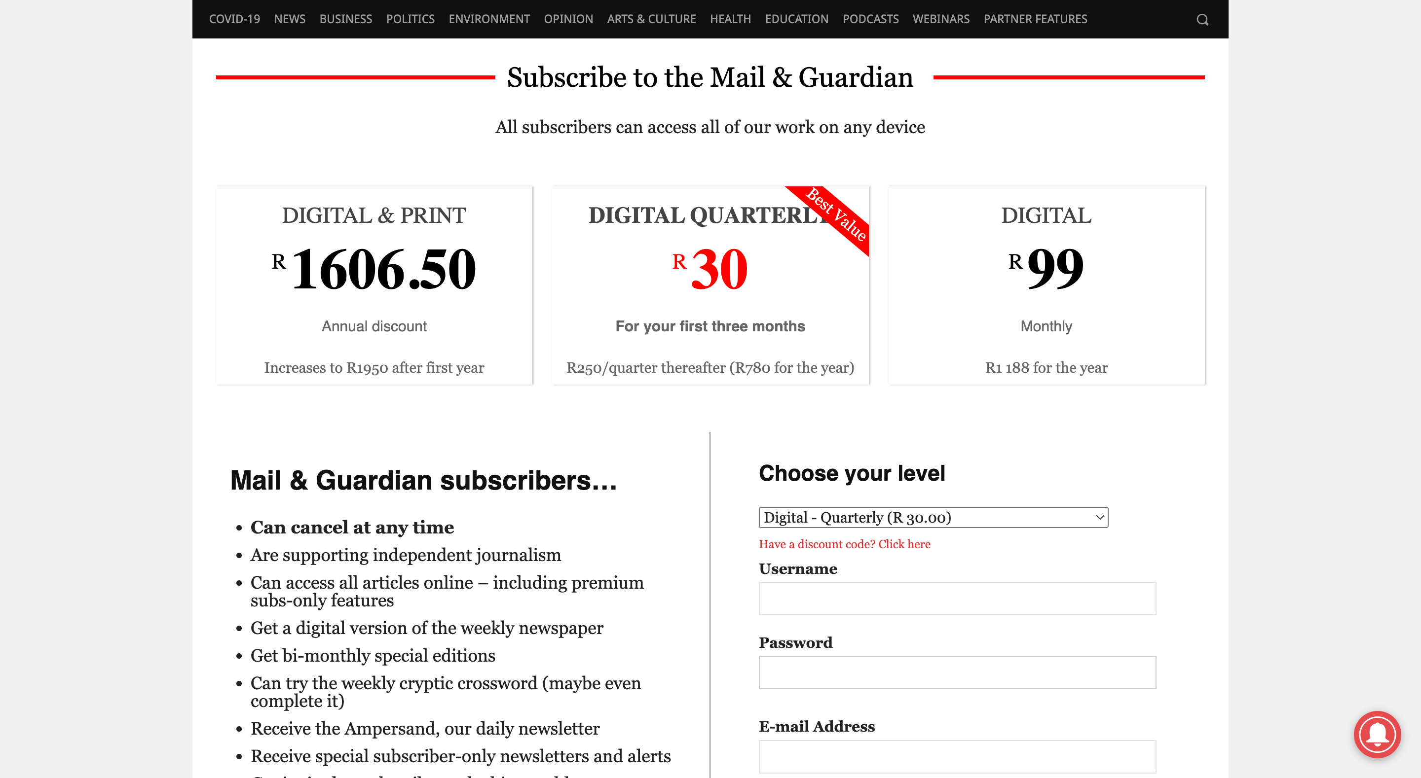 The Mail & Guardian Membership Levels and Pricing