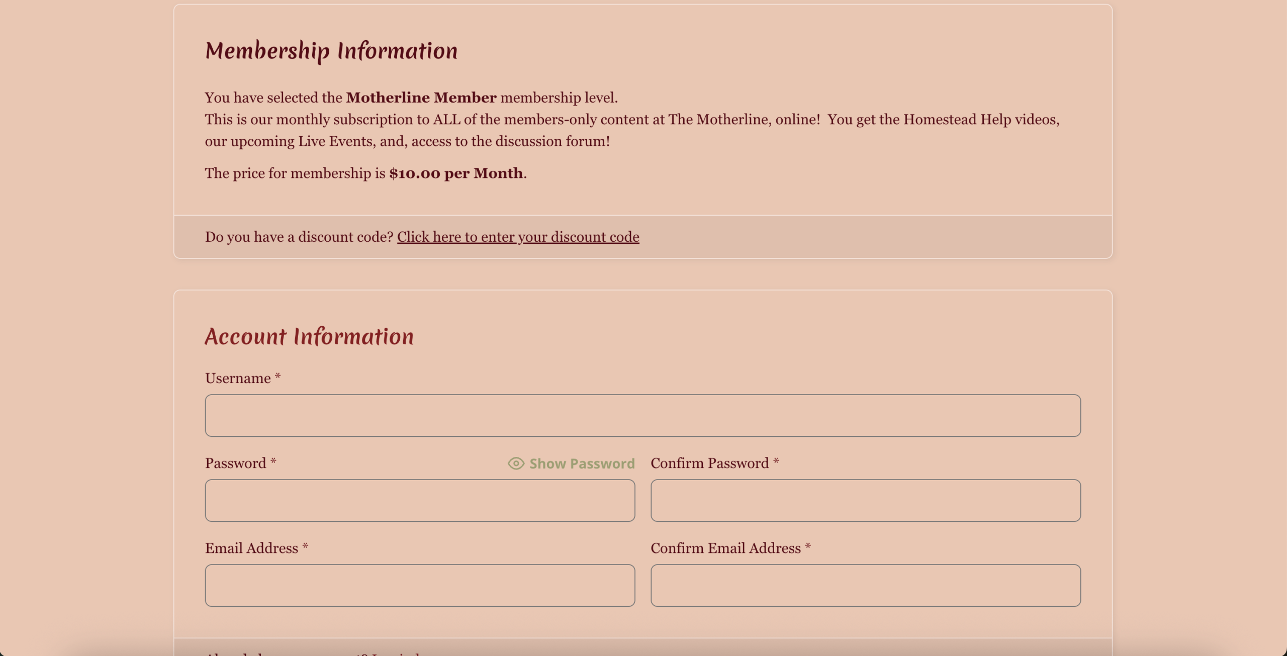 The Motherline Membership Checkout