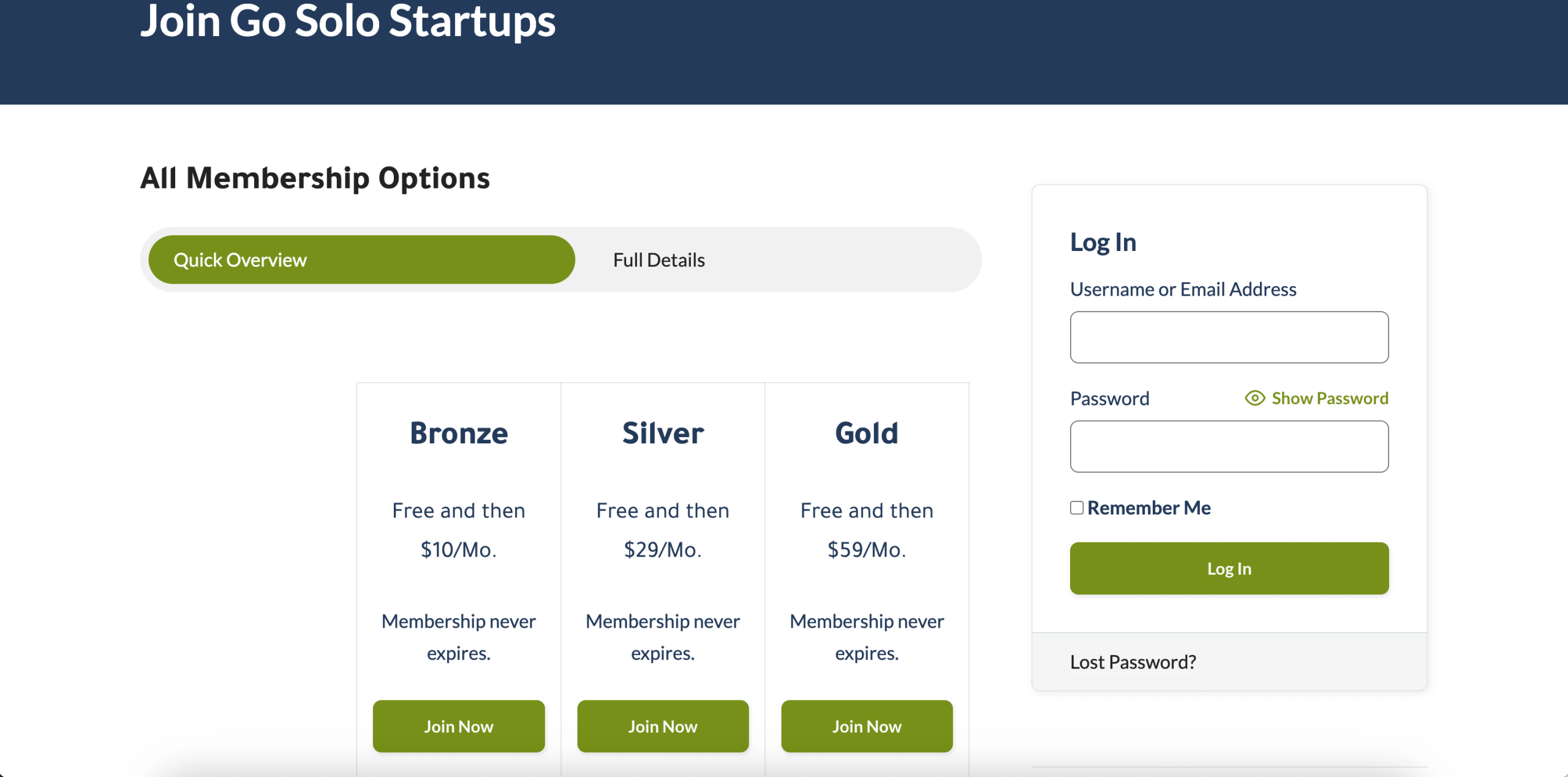 Go Solo Startups Membership Levels and Pricing