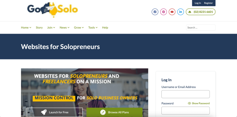 Screenshot of Go Solo Startups Website Homepage