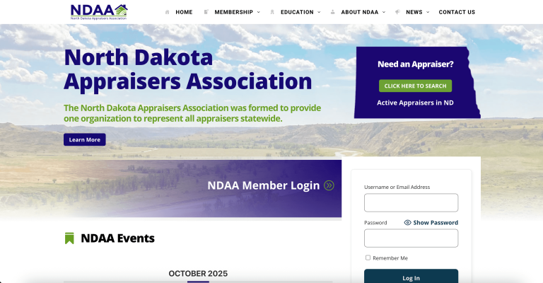 Screenshot of the North Dakota Appraisers Association website homepage