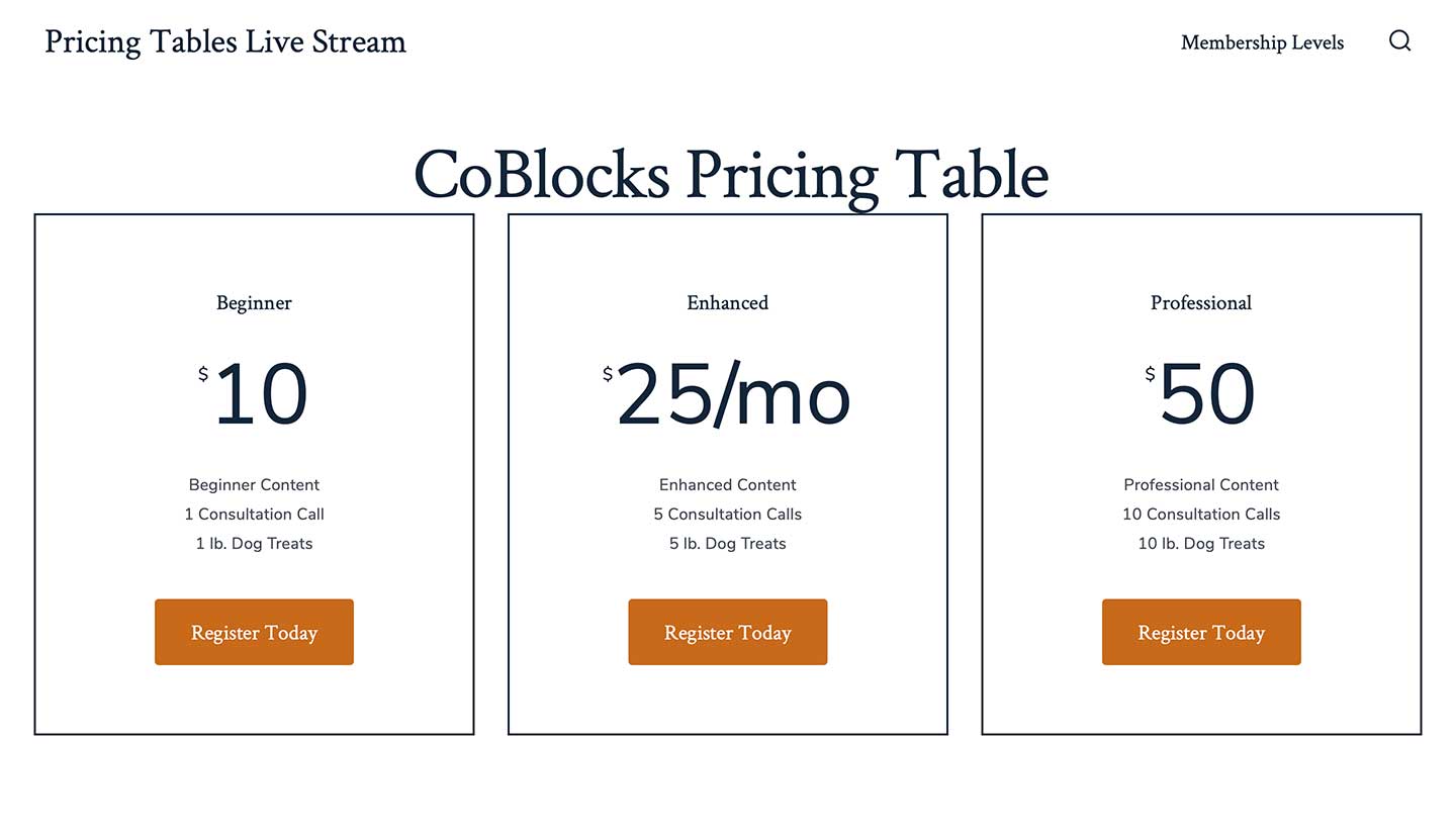 Screenshot of Gutenberg CoBlocks Pricing Table
