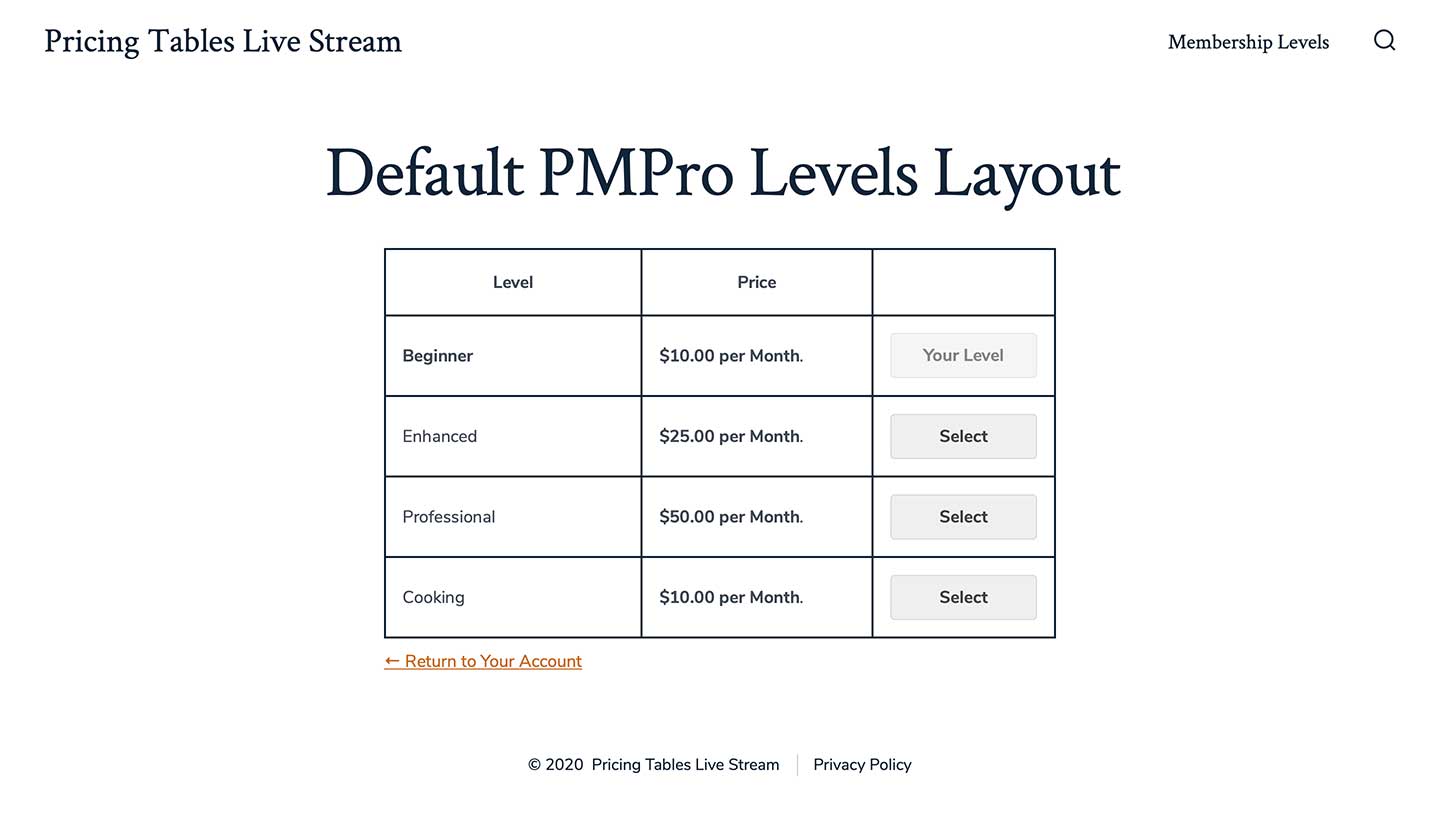 Screenshot of Default PMPro Levels Layout