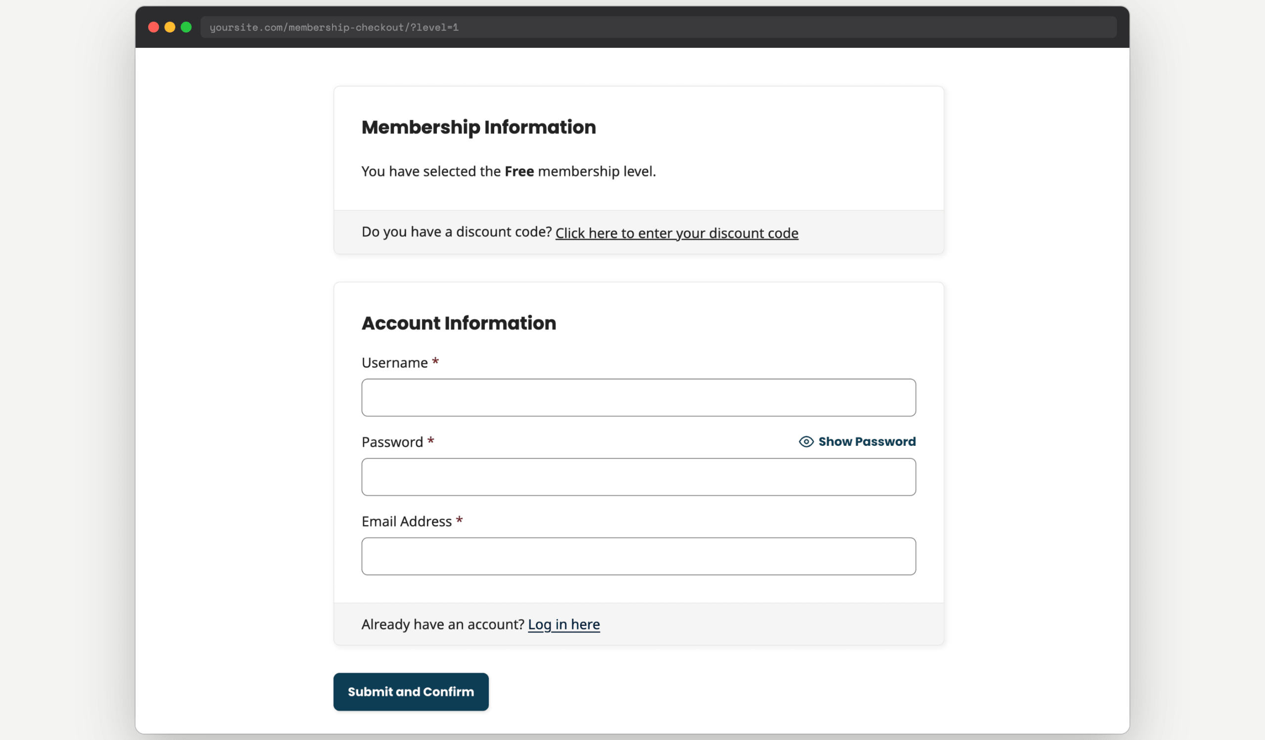 PMPro membership checkout page before the form is submitted