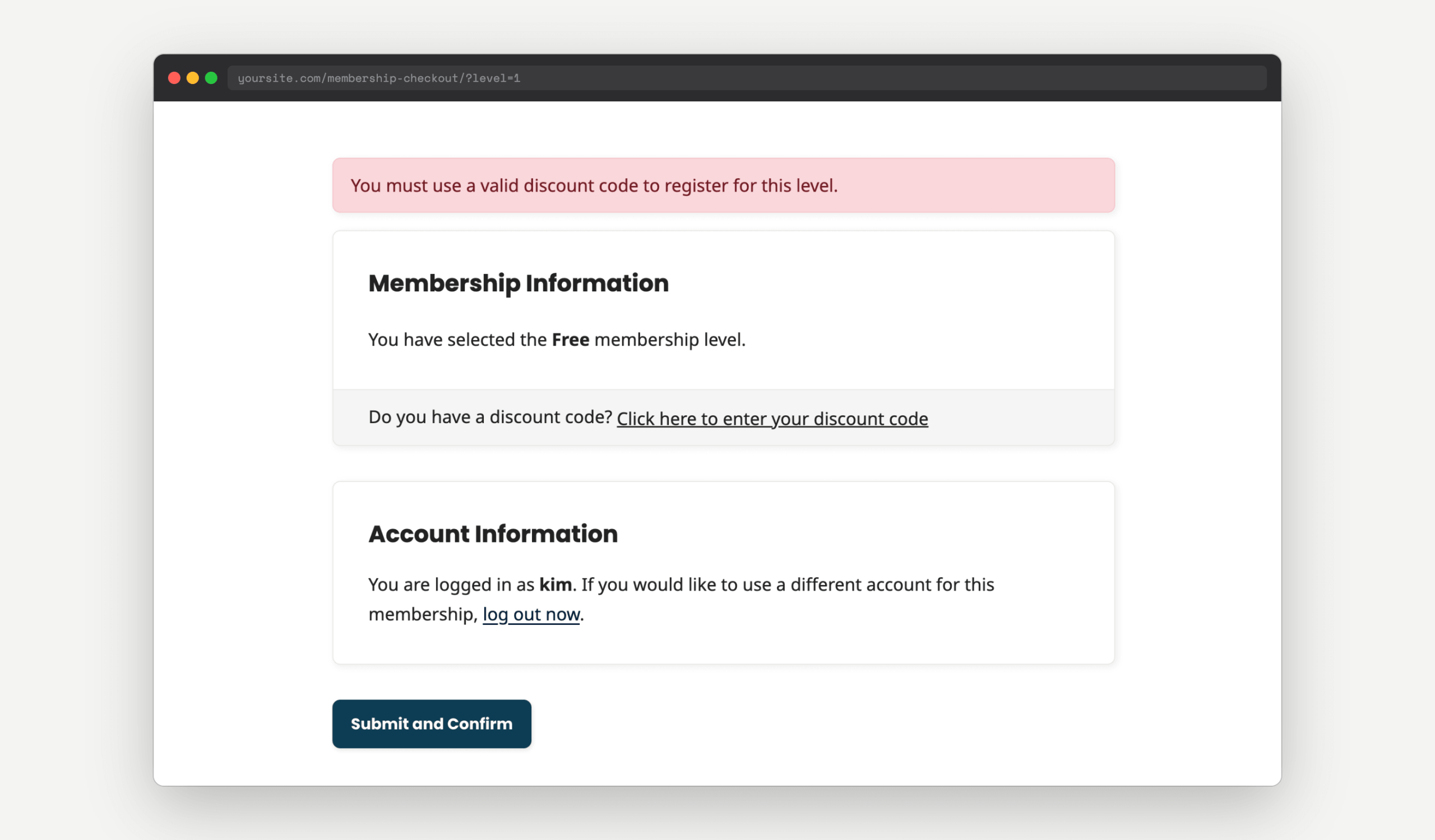 PMPro membership checkout page displaying an error message that a valid discount code is required to register for this level