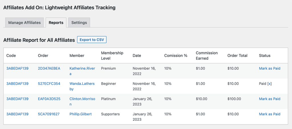 Admin report of all affiliate commissions where you can set status to paid or unpaid