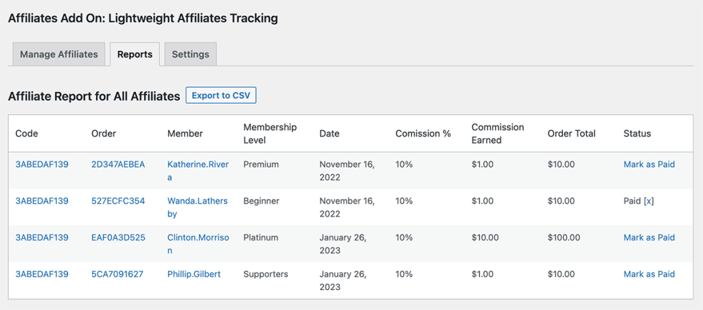 Admin report of all membership site affiliate tracking where you can set status to paid or unpaid