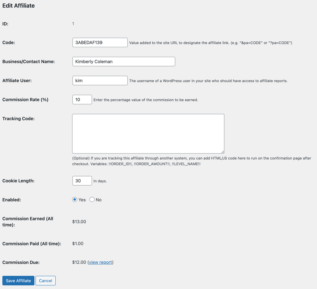 Settings in the Lightweight Membership Site Affiliate Tracking Add On to Edit or Add New Affiliate Screen in the WordPress Admin