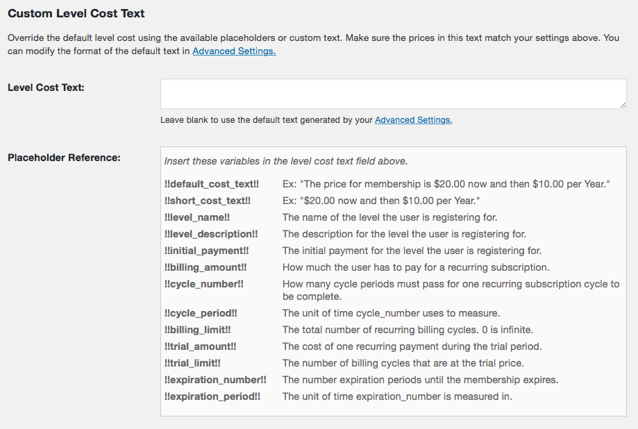 Custom Level Cost Text Screenshot for PMPro