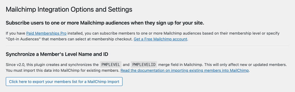 Screenshot of Information and Data Synchronization Settings for the Mailchimp Add On for Paid Memberships Pro