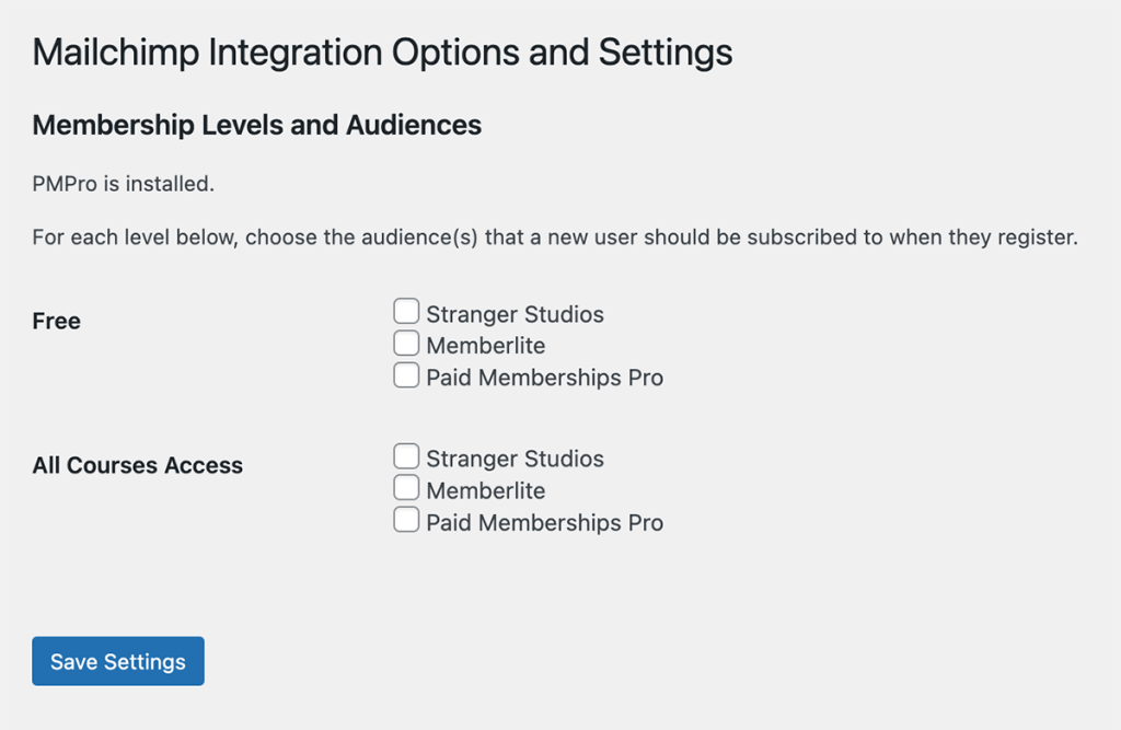 Screenshot of Membership Levels and Audience Settings for the Mailchimp Add On for Paid Memberships Pro