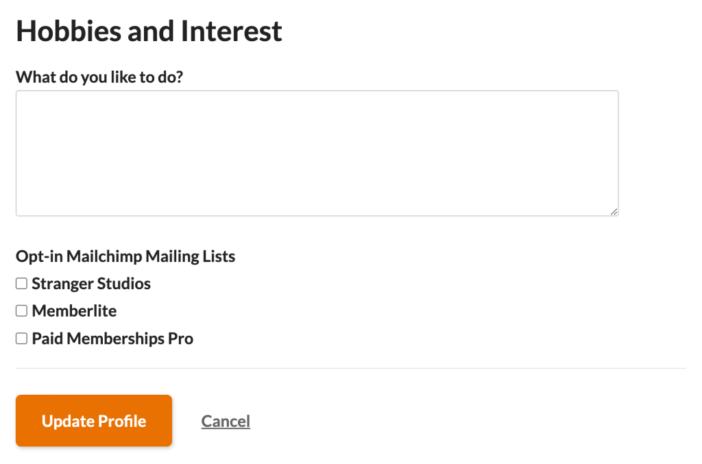 Screenshot of the Frontend User Profile Edit page with opt-in Mailchimp mailing lists