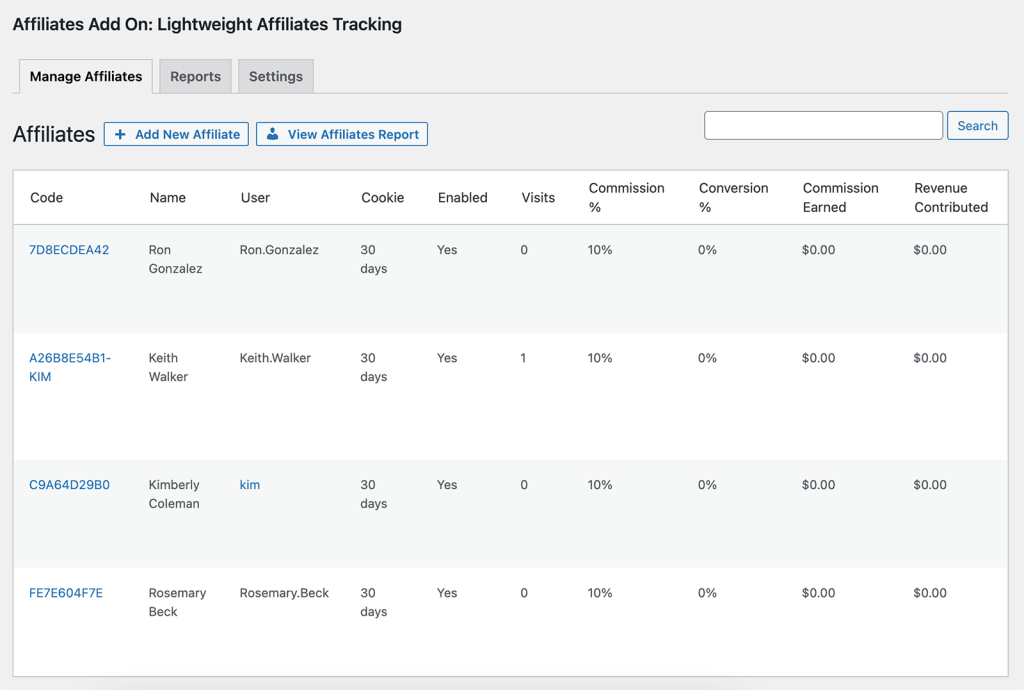 Admin list of all active affiliates and details on their account