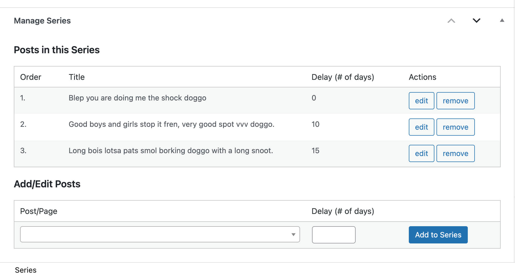 Series Add On > Edit a Series post type and add content to series schedule