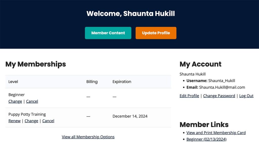 Example Membership Account page with Member Links section that shows a link to the member's User Page for their level