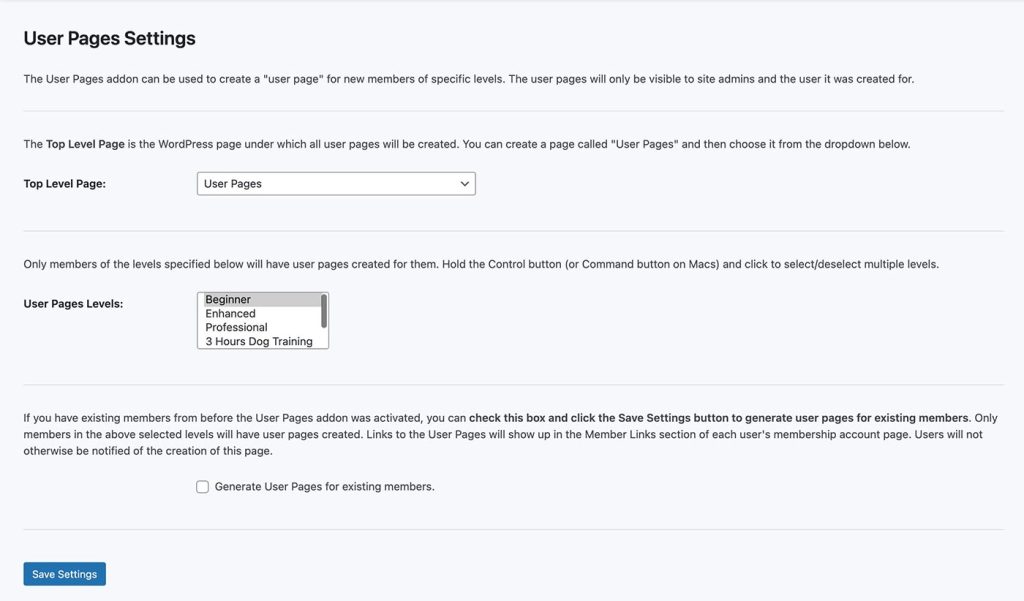 Screenshot of the User Pages for Paid Memberships Pro Admin Settings Page