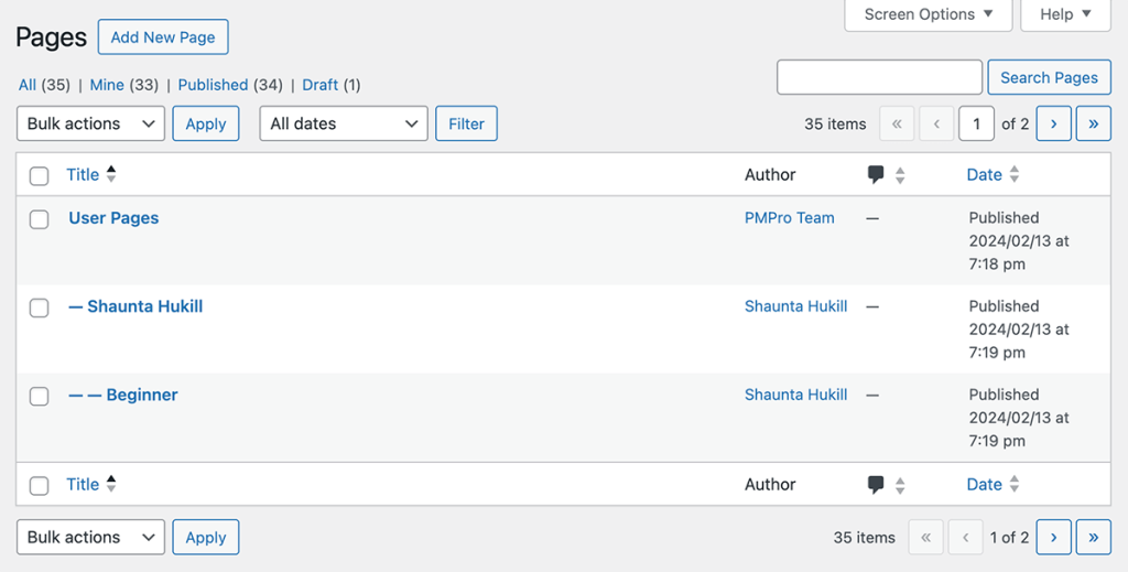 All Pages list in the WordPress admin showing the User Pages page hierarchy