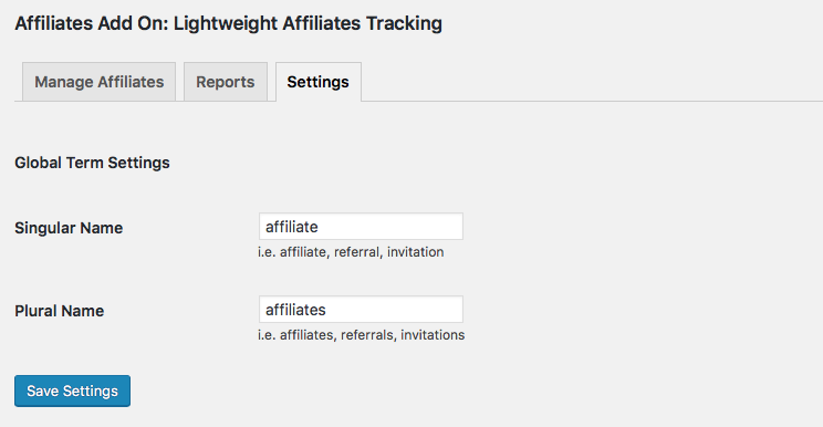 Screenshot of Affiliates Add On Lightweight Affiliate Tracking Settings