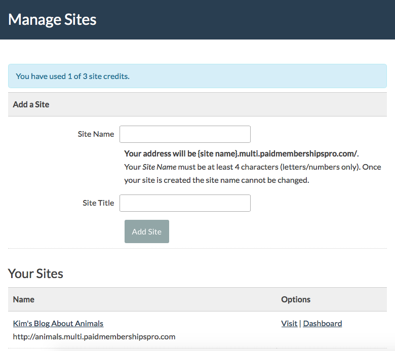 Screenshot of Member Dashboard for Managing Sites