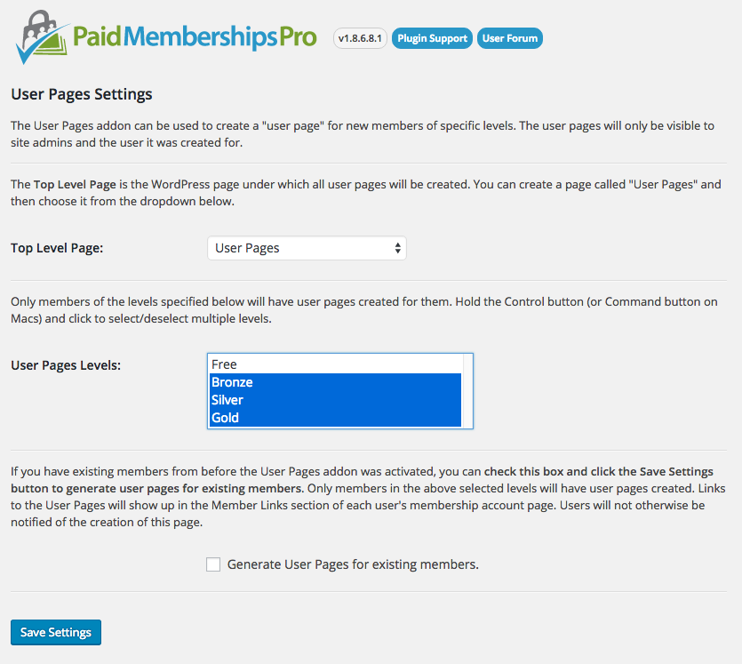 Paid Membership Pro User Page Setting Screenshot